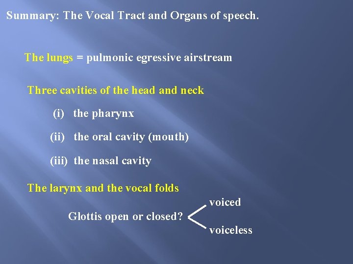 Summary: The Vocal Tract and Organs of speech. The lungs = pulmonic egressive airstream Summary: The Vocal Tract and Organs of speech. The lungs = pulmonic egressive airstream