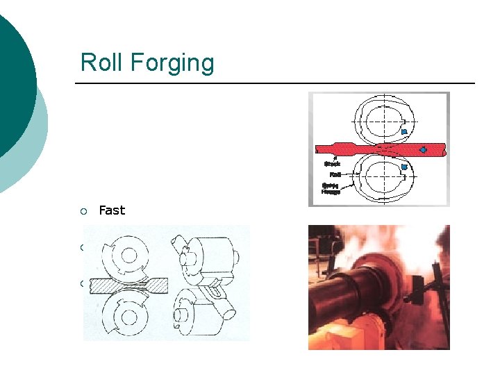 Roll Forging ¡ Fast ¡ Widely Used ¡ Long, Tapered or Symmetrical Sections 