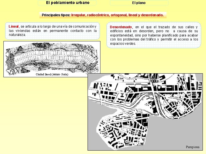 El poblamiento urbano El plano Principales tipos: Irregular, radiocéntrico, ortogonal, lineal y desordenado. Lineal,