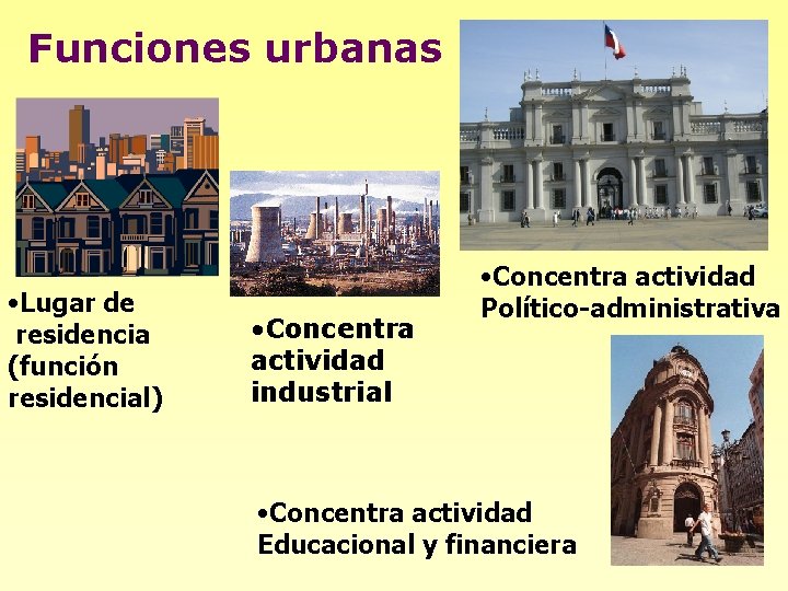 Funciones urbanas • Lugar de residencia (función residencial) • Concentra actividad industrial • Concentra