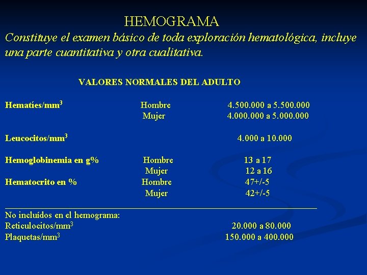  HEMOGRAMA Constituye el examen básico de toda exploración hematológica, incluye una parte cuantitativa