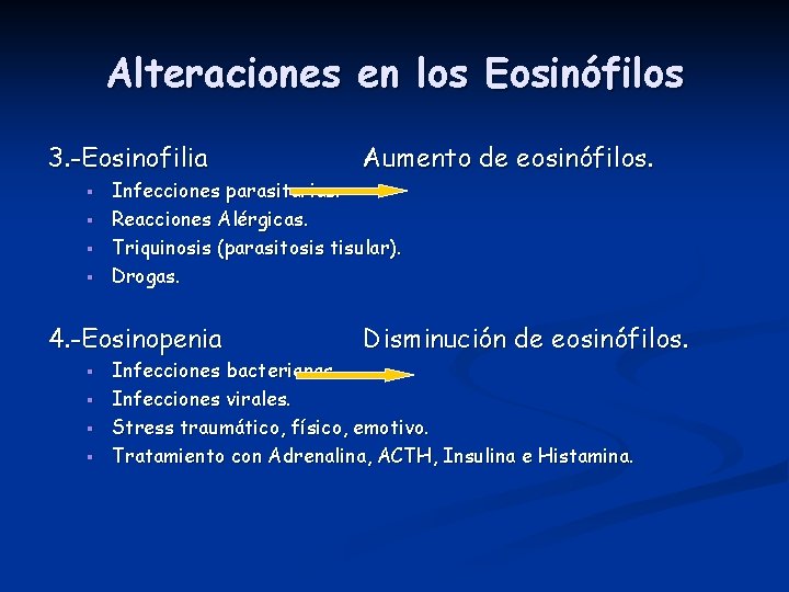 Alteraciones en los Eosinófilos 3. -Eosinofilia § § Infecciones parasitarias. Reacciones Alérgicas. Triquinosis (parasitosis