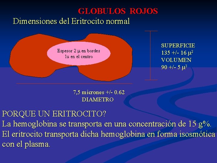 GLOBULOS ROJOS Dimensiones del Eritrocito normal Espesor 2 m en bordes 1 u en