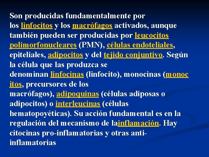 Son producidas fundamentalmente por los linfocitos y los macrófagos activados, aunque también pueden ser