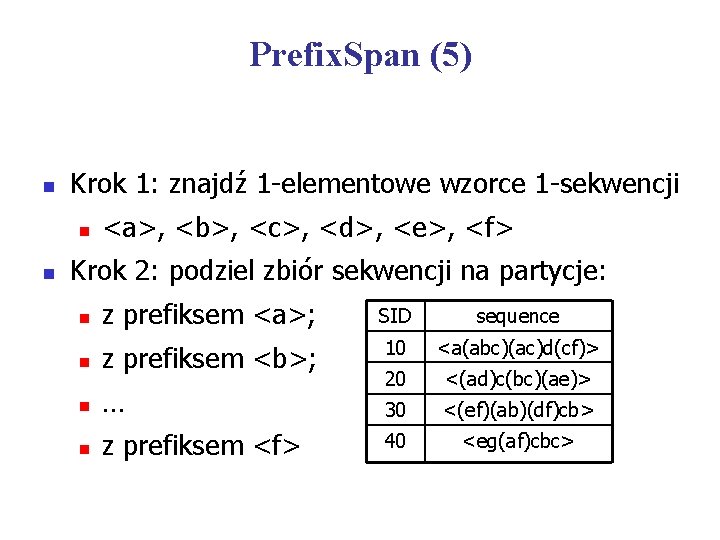 Prefix. Span (5) n Krok 1: znajdź 1 -elementowe wzorce 1 -sekwencji n n
