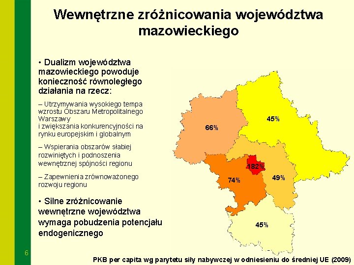 Wewnętrzne zróżnicowania województwa mazowieckiego • Dualizm województwa mazowieckiego powoduje konieczność równoległego działania na rzecz: