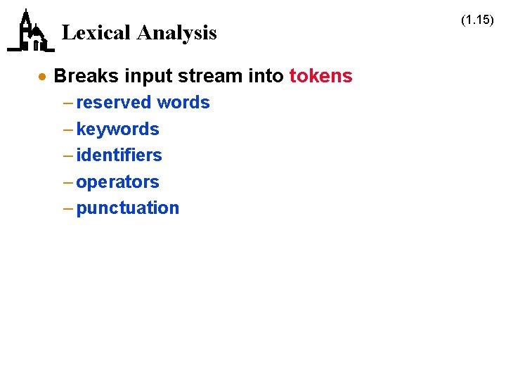 Lexical Analysis · Breaks input stream into tokens – reserved words – keywords –