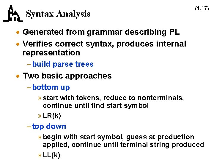 Syntax Analysis (1. 17) · Generated from grammar describing PL · Verifies correct syntax,