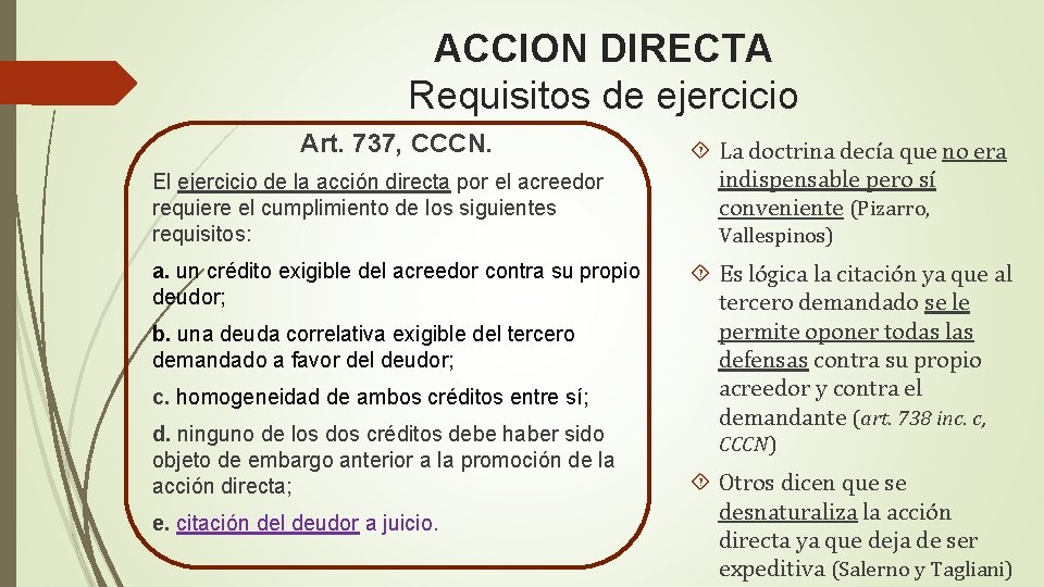 ACCION DIRECTA Requisitos de ejercicio Art. 737, CCCN. El ejercicio de la acción directa ACCION DIRECTA Requisitos de ejercicio Art. 737, CCCN. El ejercicio de la acción directa