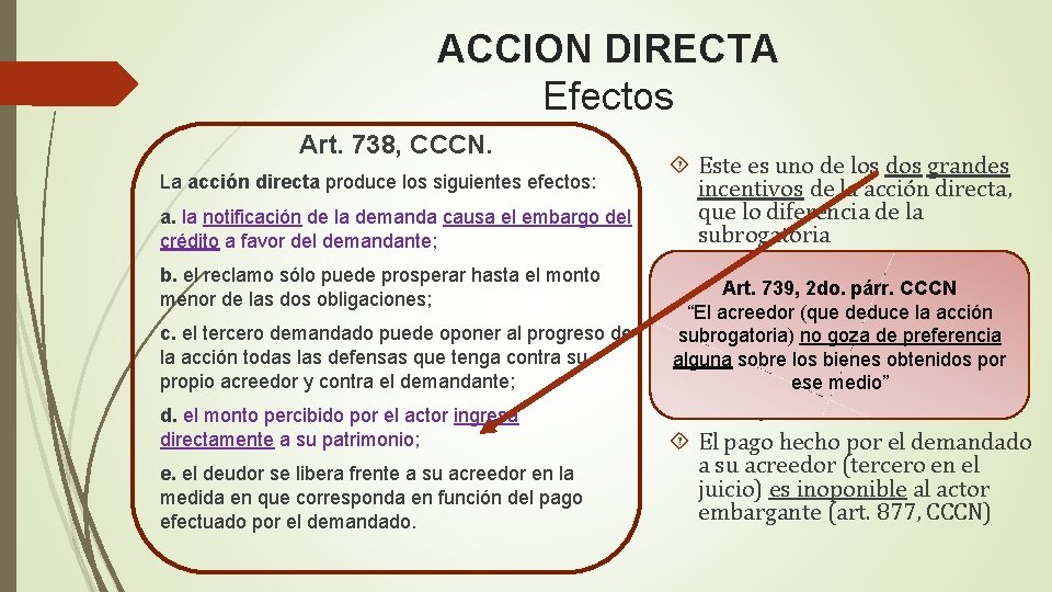 ACCION DIRECTA Efectos Art. 738, CCCN. La acción directa produce los siguientes efectos: a. ACCION DIRECTA Efectos Art. 738, CCCN. La acción directa produce los siguientes efectos: a.