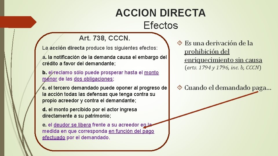 ACCION DIRECTA Efectos Art. 738, CCCN. La acción directa produce los siguientes efectos: a. ACCION DIRECTA Efectos Art. 738, CCCN. La acción directa produce los siguientes efectos: a.