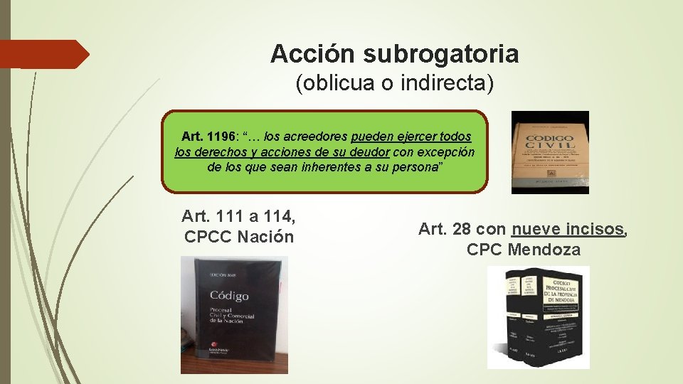 Acción subrogatoria (oblicua o indirecta) Art. 1196: “… los acreedores pueden ejercer todos los Acción subrogatoria (oblicua o indirecta) Art. 1196: “… los acreedores pueden ejercer todos los