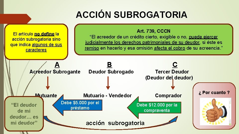 ACCIÓN SUBROGATORIA El artículo no define la acción subrogatoria sino que indica algunos de ACCIÓN SUBROGATORIA El artículo no define la acción subrogatoria sino que indica algunos de
