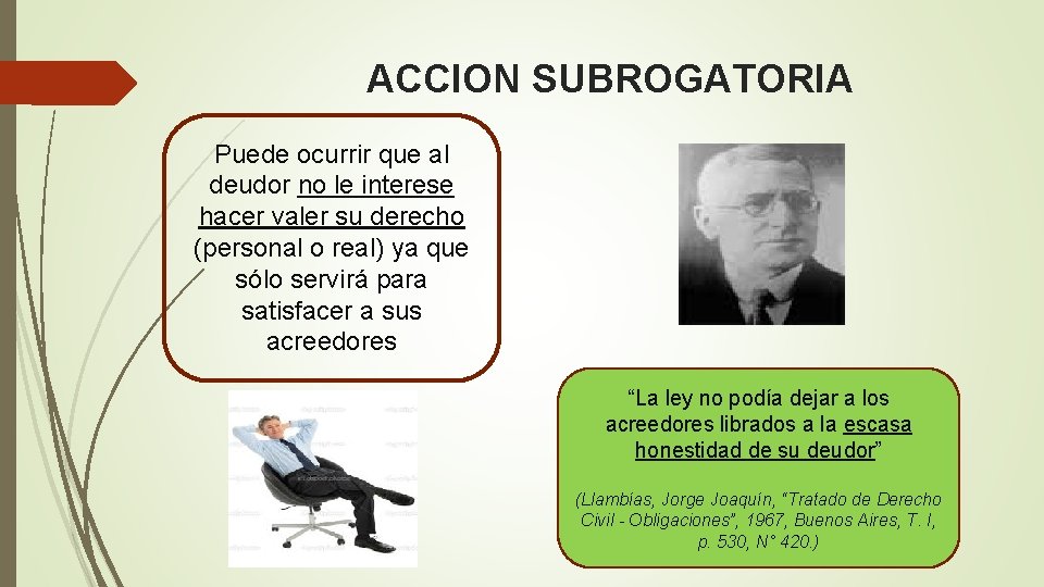 ACCION SUBROGATORIA Puede ocurrir que al deudor no le interese hacer valer su derecho ACCION SUBROGATORIA Puede ocurrir que al deudor no le interese hacer valer su derecho