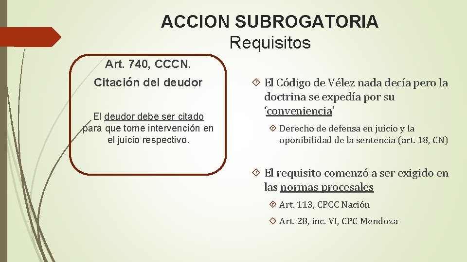 ACCION SUBROGATORIA Requisitos Art. 740, CCCN. Citación del deudor El deudor debe ser citado ACCION SUBROGATORIA Requisitos Art. 740, CCCN. Citación del deudor El deudor debe ser citado