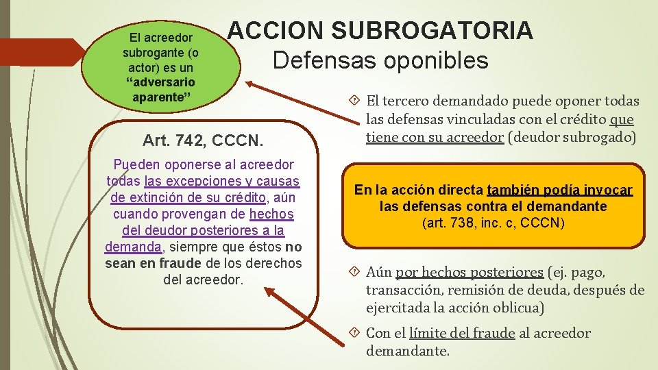 El acreedor subrogante (o actor) es un “adversario aparente” ACCION SUBROGATORIA Defensas oponibles Art. El acreedor subrogante (o actor) es un “adversario aparente” ACCION SUBROGATORIA Defensas oponibles Art.
