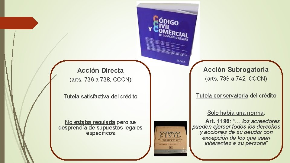 Acción Directa Acción Subrogatoria (arts. 736 a 738, CCCN) (arts. 739 a 742, CCCN) Acción Directa Acción Subrogatoria (arts. 736 a 738, CCCN) (arts. 739 a 742, CCCN)
