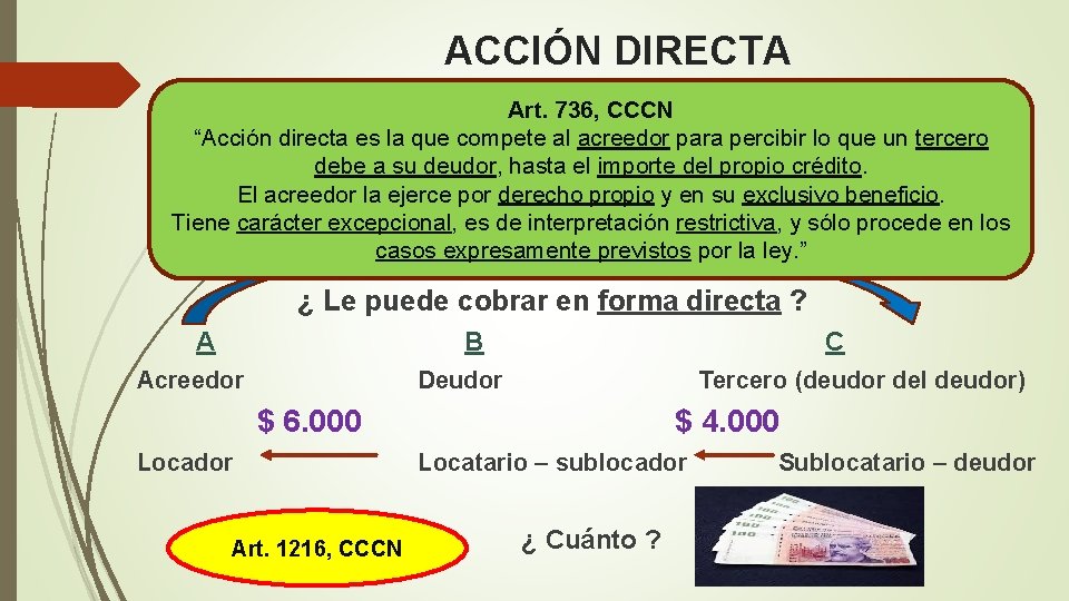 ACCIÓN DIRECTA Art. 736, CCCN “Acción directa es la que compete al acreedor para ACCIÓN DIRECTA Art. 736, CCCN “Acción directa es la que compete al acreedor para