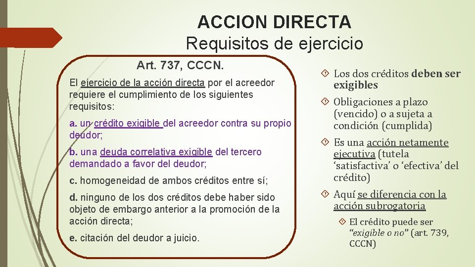 ACCION DIRECTA Requisitos de ejercicio Art. 737, CCCN. El ejercicio de la acción directa ACCION DIRECTA Requisitos de ejercicio Art. 737, CCCN. El ejercicio de la acción directa