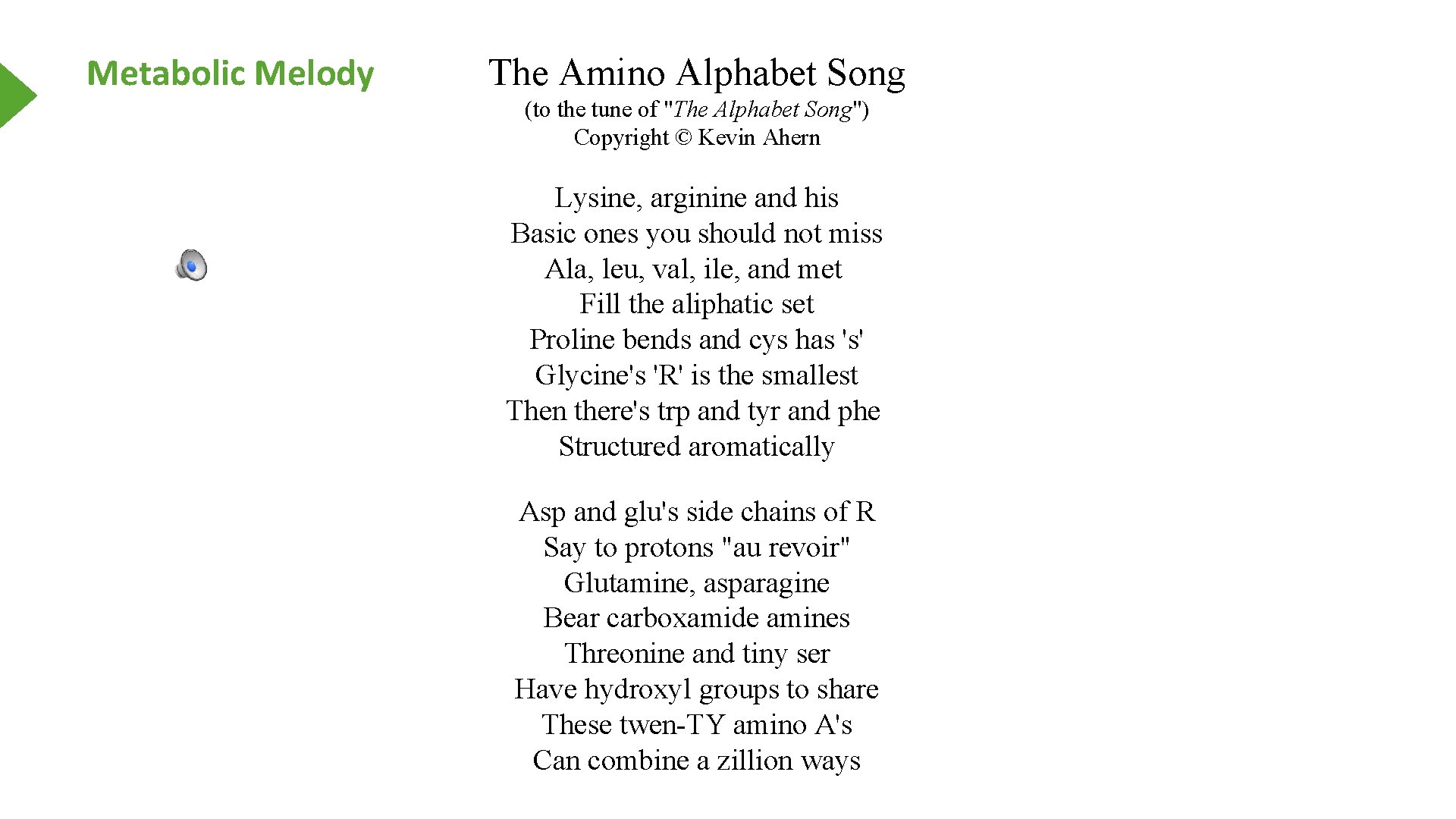 Metabolic Melody The Amino Alphabet Song (to the tune of "The Alphabet Song") Copyright