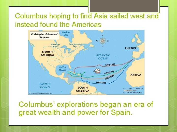 Columbus hoping to find Asia sailed west and instead found the Americas Columbus’ explorations
