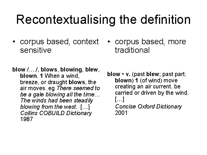 Recontextualising the definition • corpus based, context • corpus based, more sensitive traditional blow Recontextualising the definition • corpus based, context • corpus based, more sensitive traditional blow