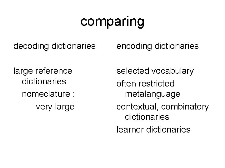 comparing decoding dictionaries encoding dictionaries large reference dictionaries nomeclature : very large selected vocabulary comparing decoding dictionaries encoding dictionaries large reference dictionaries nomeclature : very large selected vocabulary