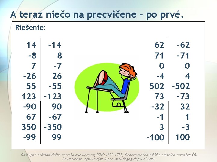 A teraz niečo na precvičene – po prvé. Riešenie: 14 -8 8 7 -7