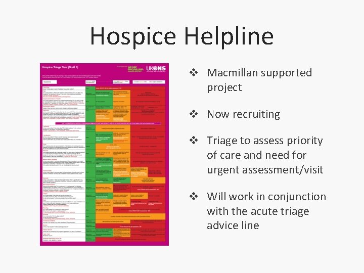 Hospice Helpline v Macmillan supported project v Now recruiting v Triage to assess priority