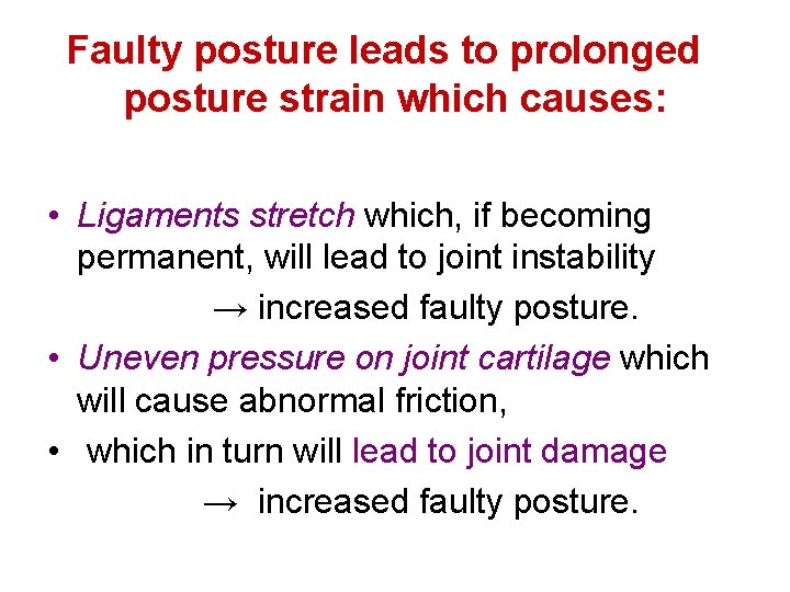 Faulty posture leads to prolonged posture strain which causes: • Ligaments stretch which, if