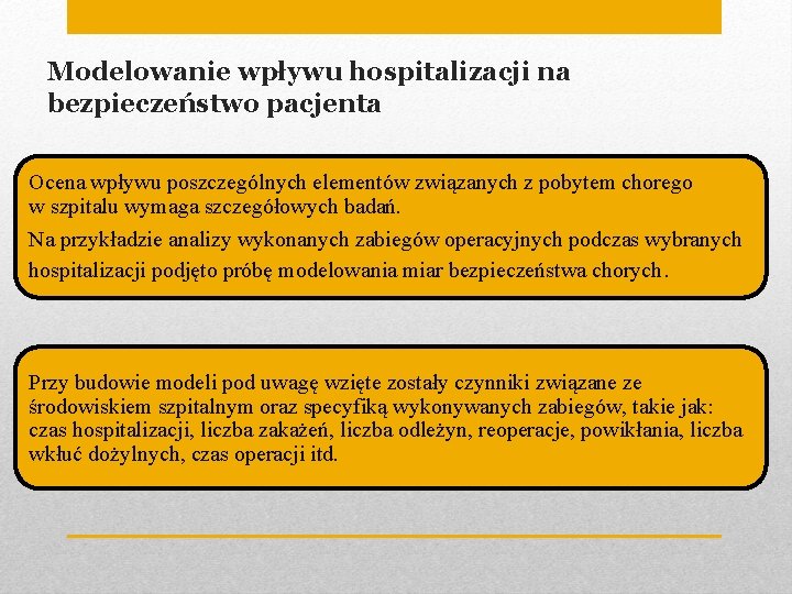 Modelowanie wpływu hospitalizacji na bezpieczeństwo pacjenta Ocena wpływu poszczególnych elementów związanych z pobytem chorego