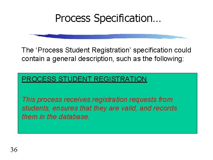 Process Specification… The ‘Process Student Registration’ specification could contain a general description, such as