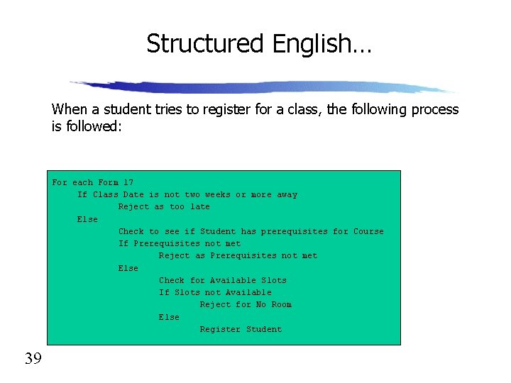 Structured English… When a student tries to register for a class, the following process