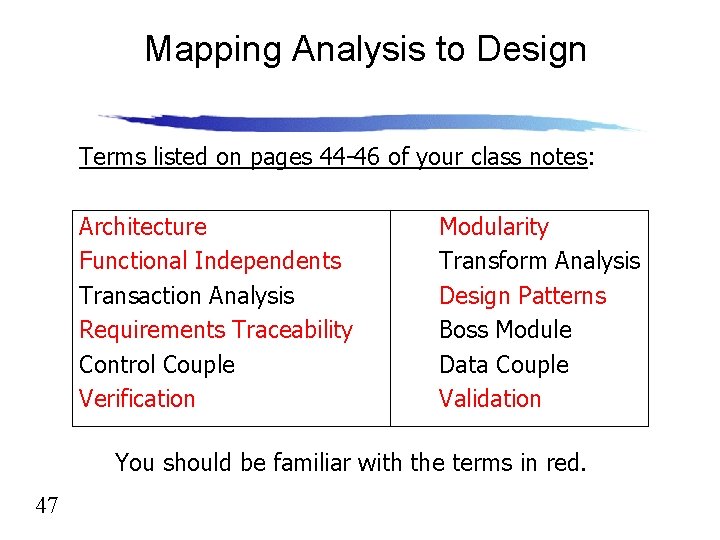 Mapping Analysis to Design Terms listed on pages 44 -46 of your class notes: