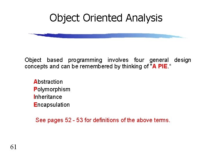 Object Oriented Analysis Object based programming involves four general design concepts and can be