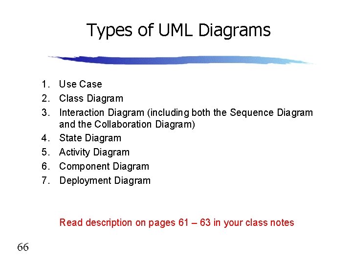 Types of UML Diagrams 1. Use Case 2. Class Diagram 3. Interaction Diagram (including