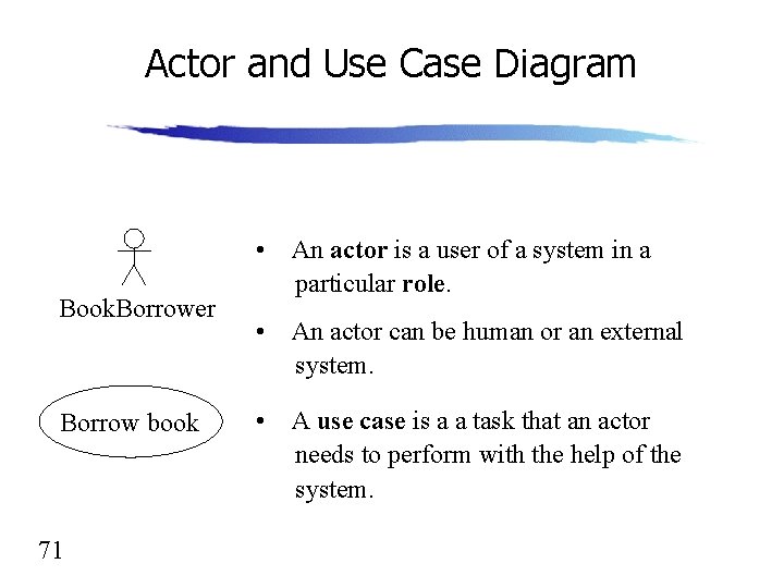 Actor and Use Case Diagram Book. Borrower Borrow book 71 • An actor is