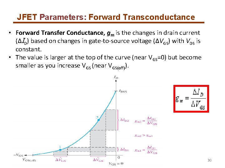 JFET Parameters: Forward Transconductance • Forward Transfer Conductance, gm is the changes in drain