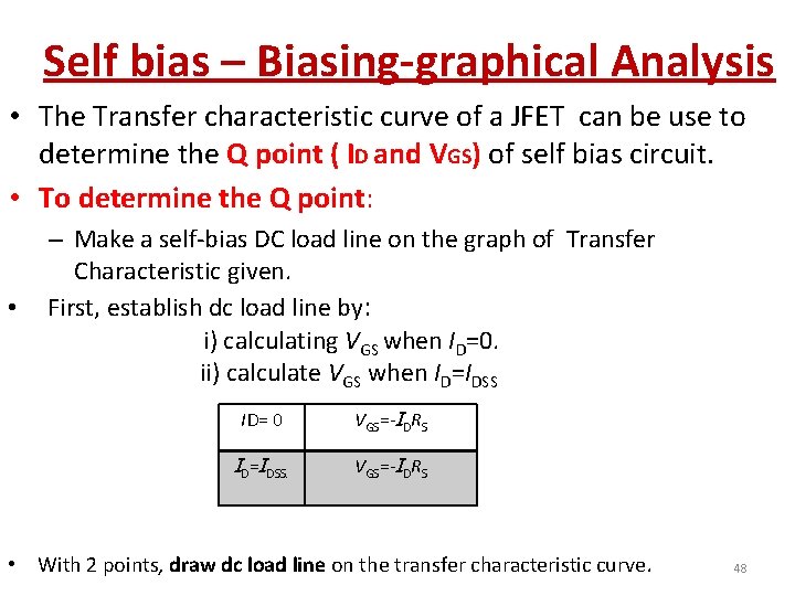 Self bias – Biasing-graphical Analysis • The Transfer characteristic curve of a JFET can