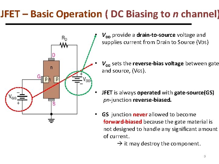 JFET – Basic Operation ( DC Biasing to n channel) • VDD provide a