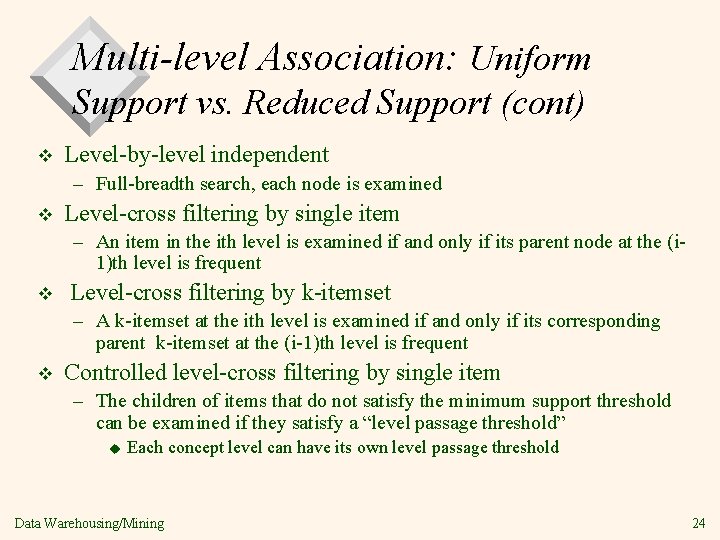Multi-level Association: Uniform Support vs. Reduced Support (cont) v Level-by-level independent – Full-breadth search,