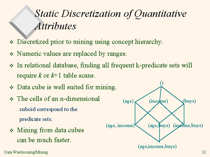 Static Discretization of Quantitative Attributes v Discretized prior to mining using concept hierarchy. v