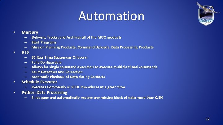 Automation • Mercury • RTS • Schedule Executor • Python Data Processing – –