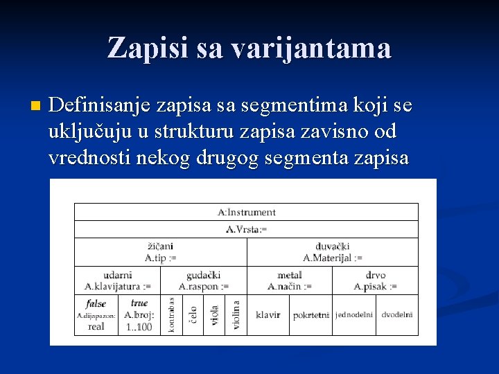 Zapisi sa varijantama n Definisanje zapisa sa segmentima koji se uključuju u strukturu zapisa