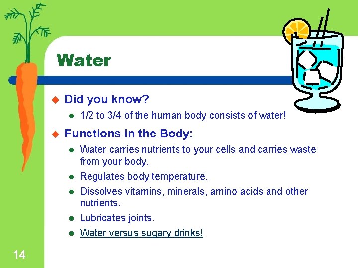 Water u Did you know? l u Functions in the Body: l l l