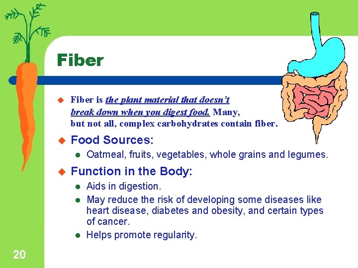 Fiber u Fiber is the plant material that doesn’t break down when you digest