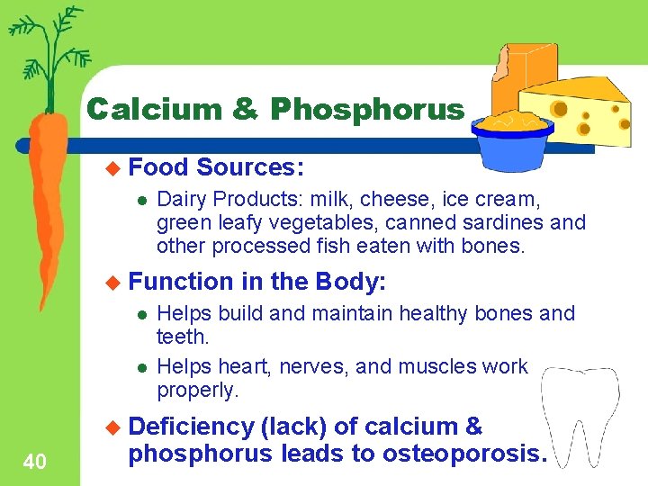 Calcium & Phosphorus u Food l Sources: Dairy Products: milk, cheese, ice cream, green