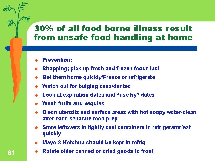 30% of all food borne illness result from unsafe food handling at home 61
