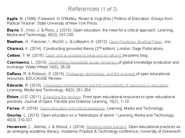 References (1 of 2) Apple, M. (1990). Foreword. In O’Malley, Rosen & Vogt (Eds. References (1 of 2) Apple, M. (1990). Foreword. In O’Malley, Rosen & Vogt (Eds.