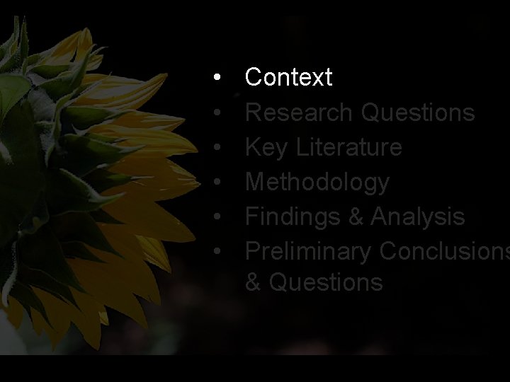 • • • Context Research Questions Key Literature Methodology Findings & Analysis Preliminary • • • Context Research Questions Key Literature Methodology Findings & Analysis Preliminary